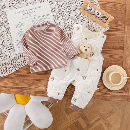 Winter unisex baby Korean-style casual outerwear warm and thick strap pants with teddy bear wide shoulder padded strap set
