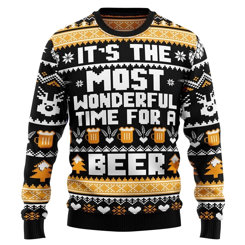 2025 Beer Pattern Sweatshirt Santa Claus Bar Party 3D Printed Ugly Christmas Sweatshirt Unisex