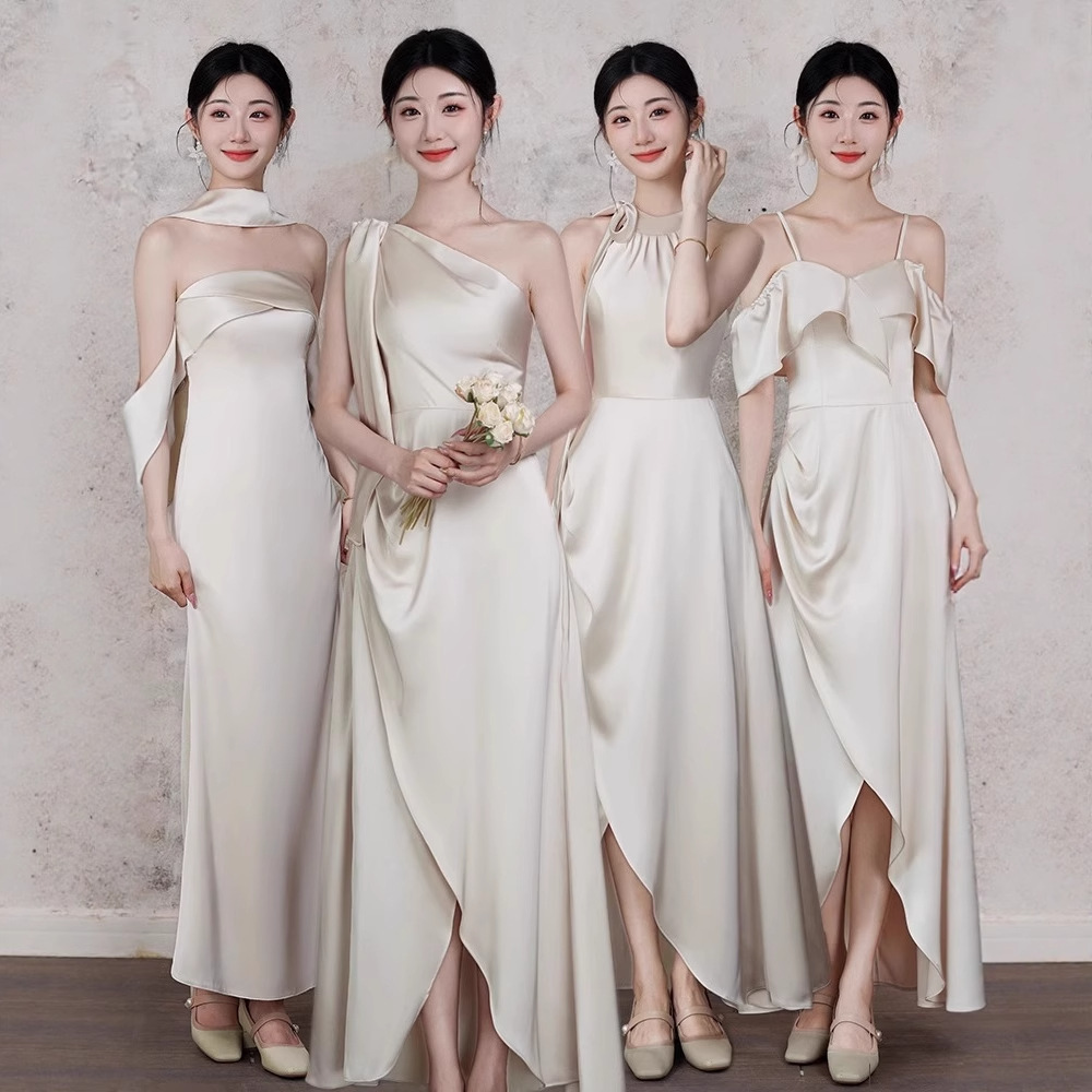 Champagne-Colored Bridesmaid Dresses Can Be Worn Casually, 2026 New Summer Satin Sister Group High-End Dresses