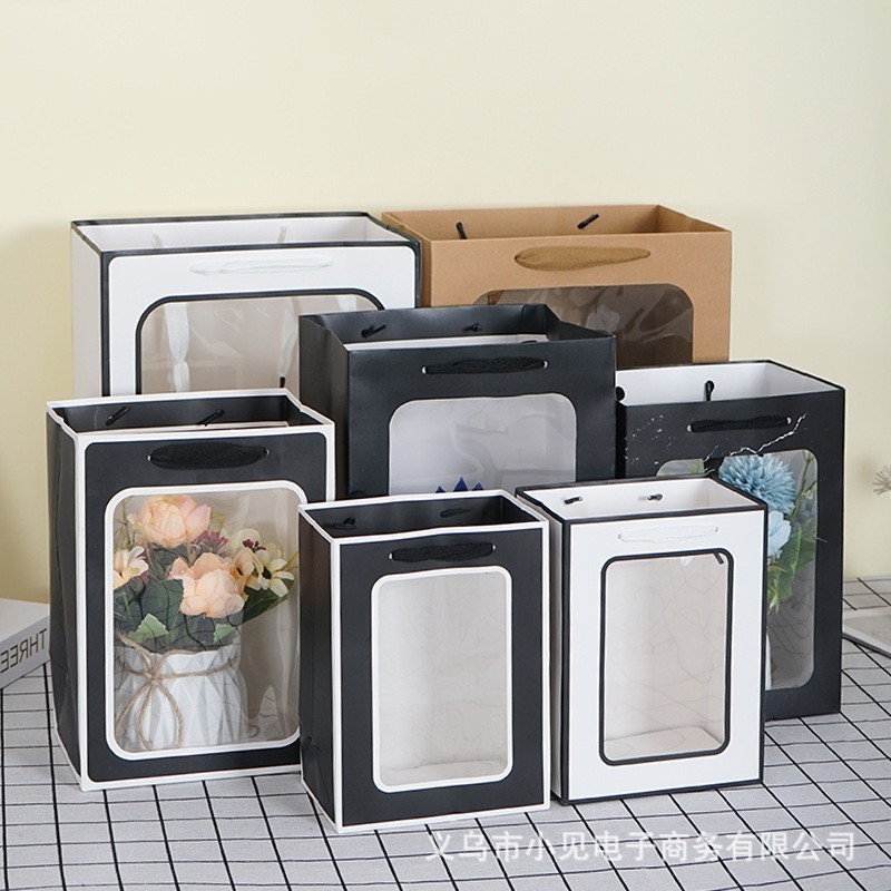 加厚牛皮纸袋透明手提袋毛绒玩具礼品袋鲜花花束玩偶包装袋礼物袋