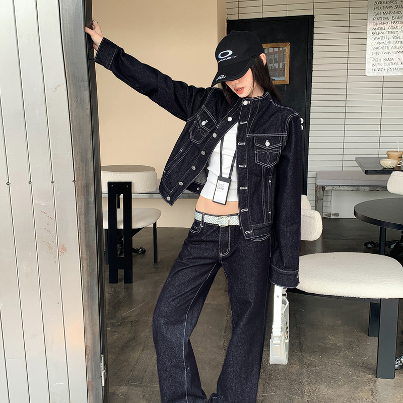Spring and Autumn New Vintage American-Style Deconstructed Straight-Shoulder Waist-Cinching Jacket in Raw Denim Color, Women's Denim Coat, Trendy Long Pants and Top