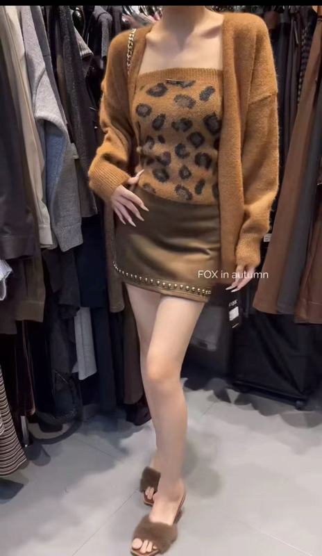 韩版小众时尚慵懒风长袖针织开衫豹纹抹胸搭配女秋季新款潮流百搭|undefined