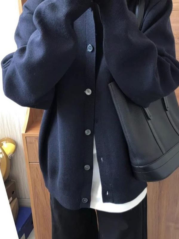 藏青色毛衣开衫外套女针织衫秋季新款宽松慵懒风别致休闲百搭上衣|undefined