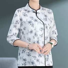 妈妈款斜门襟开衫不规则真丝褶皱纹理提花印花小衫