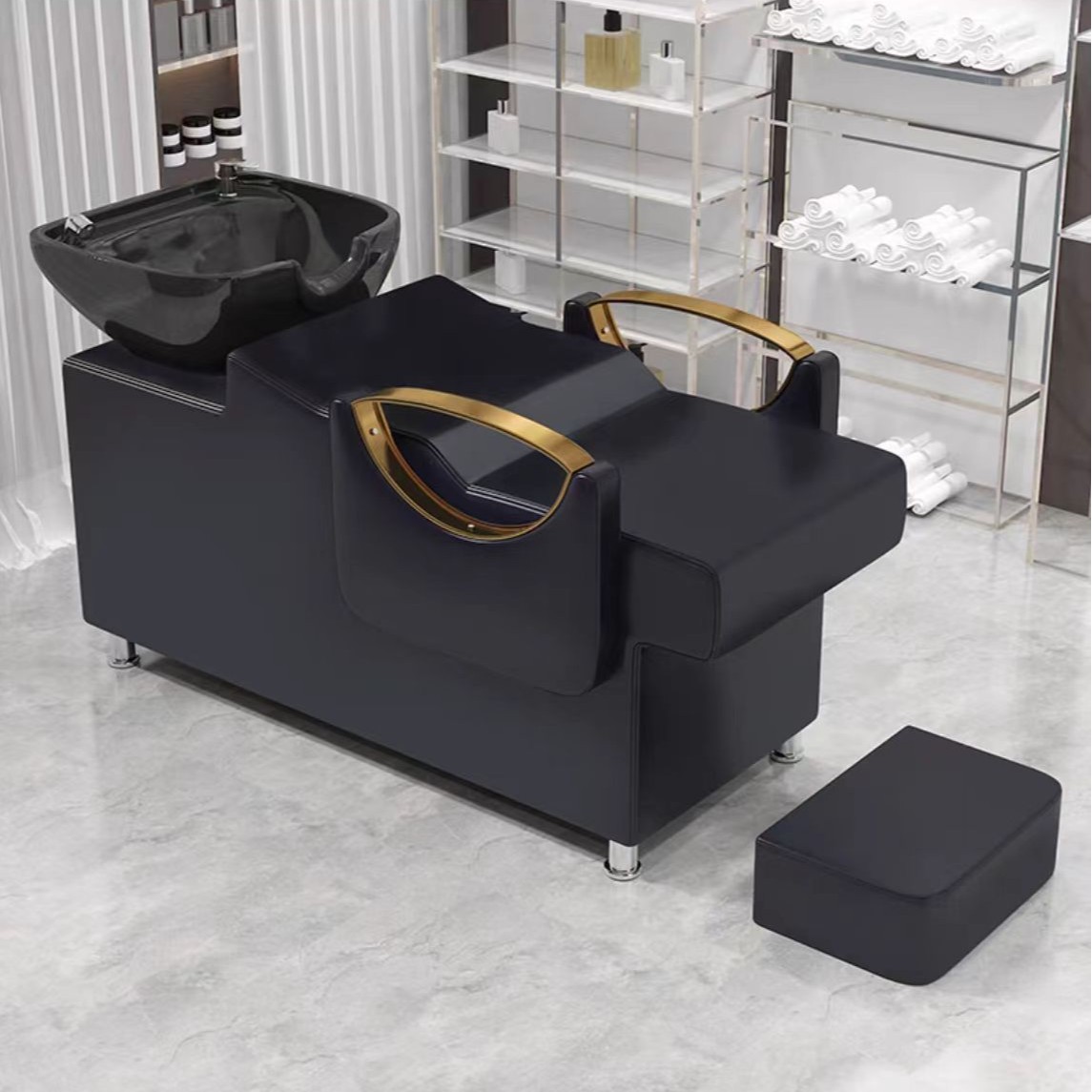 Cama de lavado de cabello para peluquería con reposapiés, lavabo de cerámica, cama de lavado de cabello semireclinable para peluquerías, cama de masaje y peluquería.