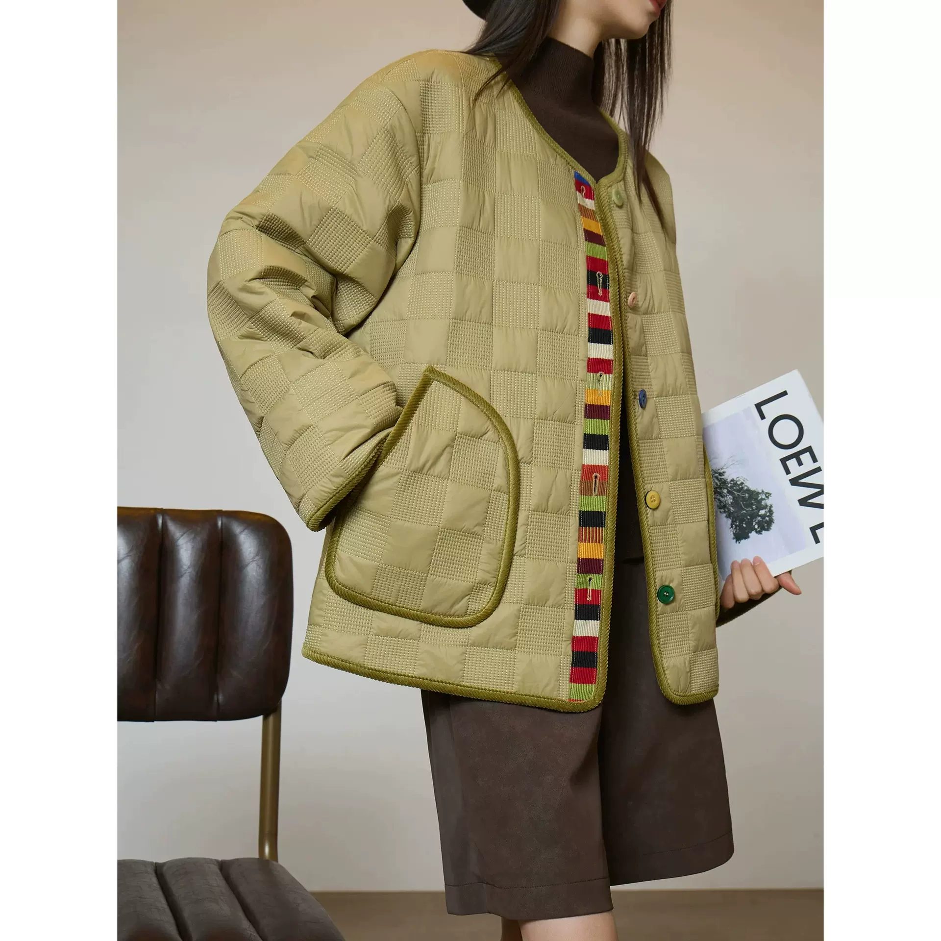 四媛 缝衍格纹两面穿拼接彩色织带撞色纽扣棉服女25秋冬新款1100