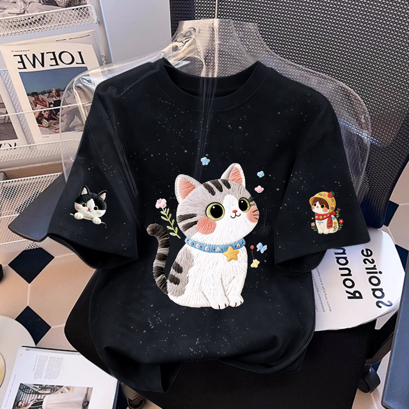 女童短袖t恤猫咪印花2026新款夏季中小学生纯棉上衣潮流儿童休闲T