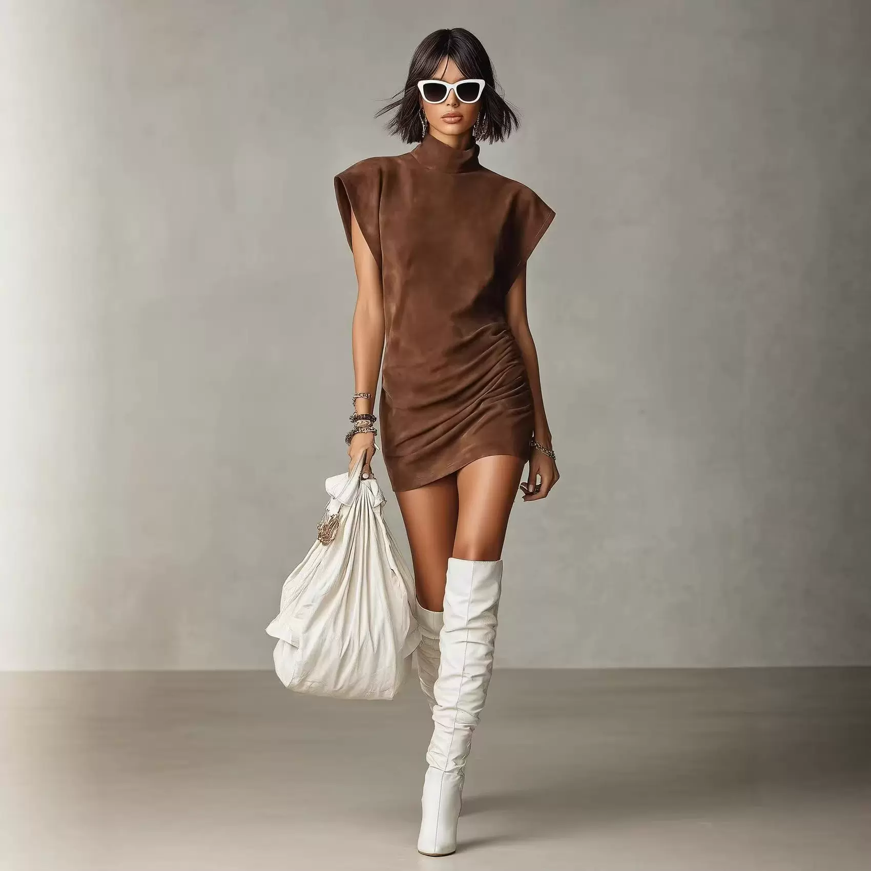 欧美气质通勤正肩半高领短袖连衣裙修身收腰包臀褶皱简约纯色短裙