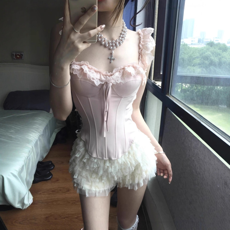Pure Desire Lace-Trimmed Strapless Camisole for Women with Fishbone Bow, Slim Fit, Fashionable and Sexy Sleeveless Top