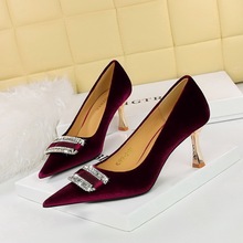 1818-K76 European and American Style Fashion Banquet Women's Shoes High Heel Shallow Mouth Pointed Xishi Suede Metal Rhinestone Button Single Shoe