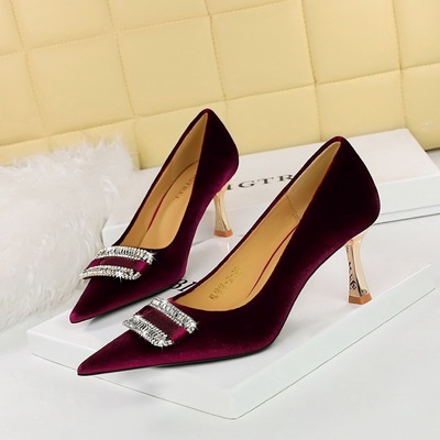 1818-K76 European and American Style Fashion Banquet Women&apos;s Shoes High Heel Shallow Mouth Pointed Xishi Suede Meta