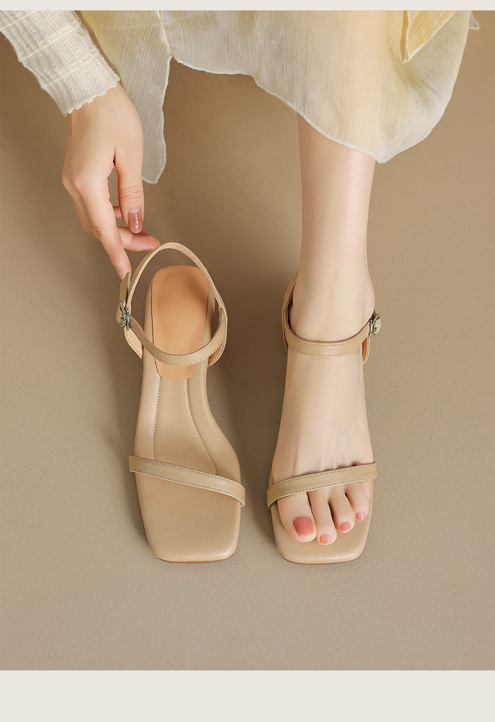 Sandal nữ quai ngang da cừu gót vuông ổn định — Màu trắng be chi tiết 3