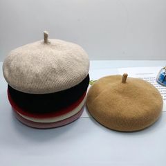 韓版純色羊毛針織貝雷帽子女秋冬款文藝畫家帽休閒透氣南瓜帽批發