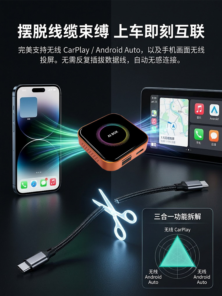 3-in-1 wireless CarPlay box, wired to wireless Android Auto car connectivity box with screen mirroring
