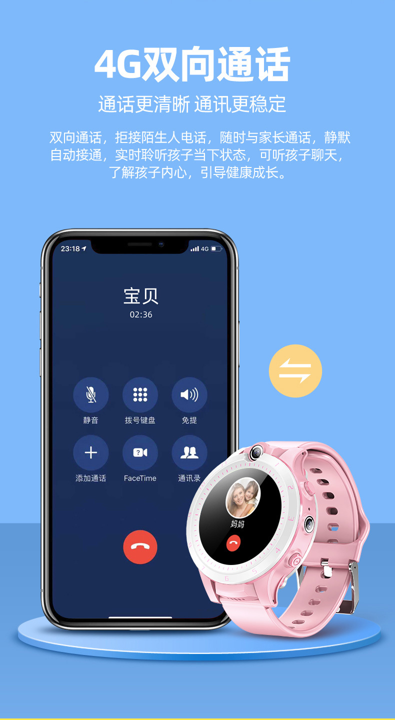 【H02V】4G儿童手表电话视频防水中英文小学生GPS定位儿童智能手详情2