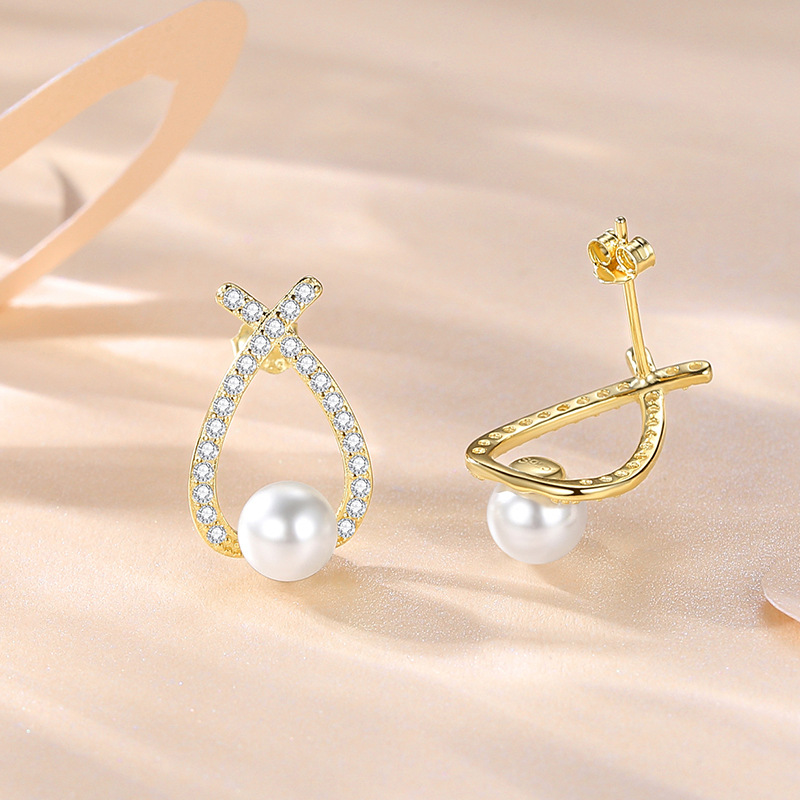 Pendientes de perlas de plata esterlina S925 pendientes de perlas de moda de alto grado de las mujeres pendientes de perlas cruzadas de diamantes franceses