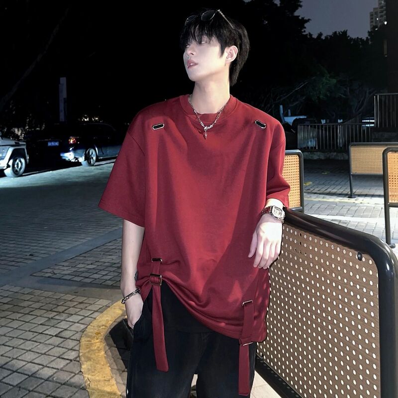 2025 Summer New Niche Design Sense Strap T-shirt Men's Trendy Loose Metal Five-point Short-sleeved Top