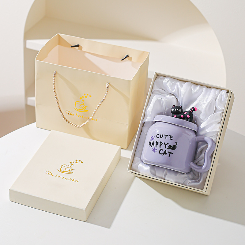 Taza de paja de dibujos animados de gato lindo suave Taza de oficina de alto valor con tapa Taza de pareja casera Taza de desayuno