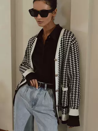 Women's Fashion Loose Casual Houndstooth Sweater - Black - View 1