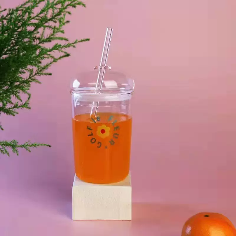 高硼硅玻璃吸管杯子家用办公印花水杯透明早餐牛奶饮料咖啡杯