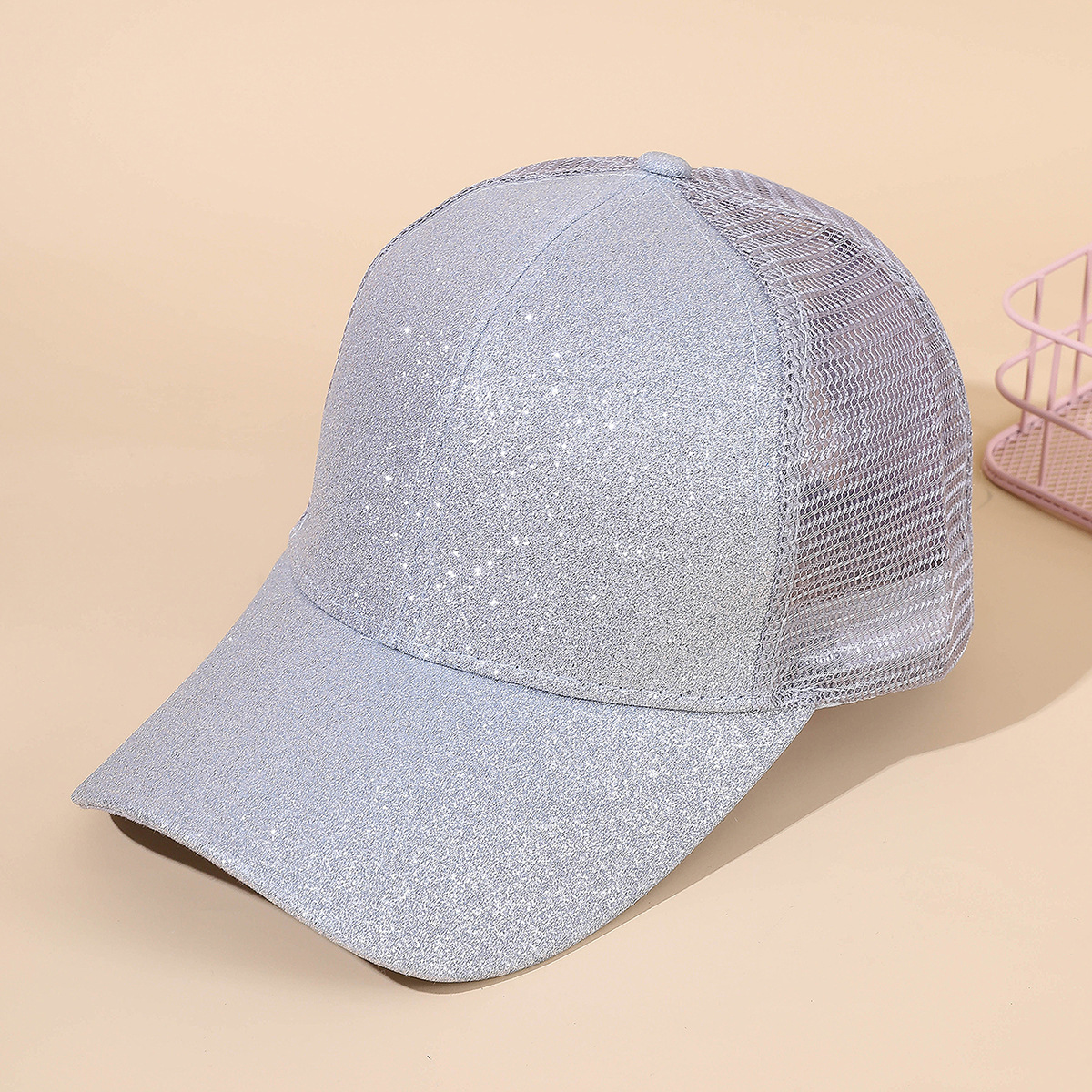 Gorra de cola de caballo de verano monocromo gorra de malla de béisbol a prueba de sol gorra de cola de caballo con lentejuelas