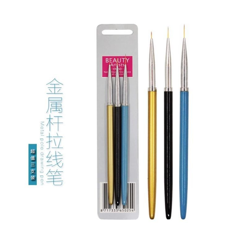 Nail Art Painting Pen Set of 3 with Metal Handle for Drawing Flowers, Outlining, and Line Drawing, Nylon Bristle Nail Art Brushes