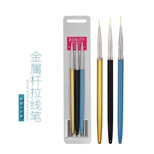 Nail Art Painting Pen Set of 3 with Metal Handle for Drawing Flowers, Outlining, and Line Drawing, Nylon Bristle Nail Art Brushes