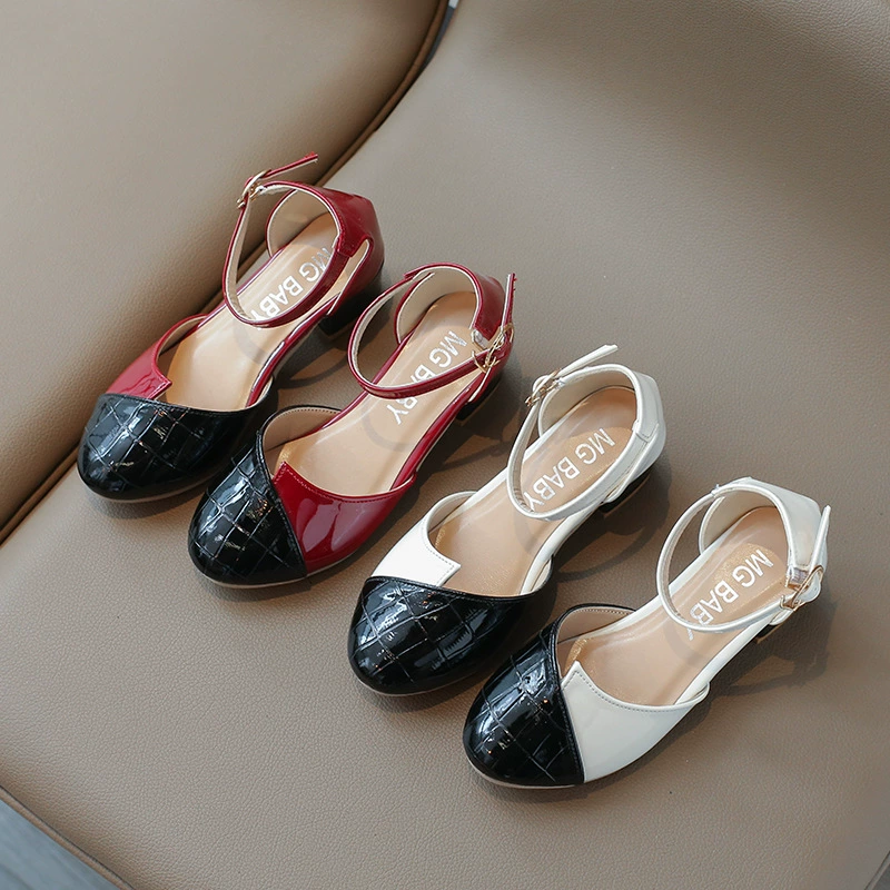 Детские туфли на высоком каблуке толстые каблуки пустые маленькие кожаные туфли летние новые женские сандалии