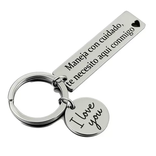 Cross-Border Best-Selling Spanish Stainless Steel Safe Driving Keychain, Round Plate Engraved Blessing Gift Keychain