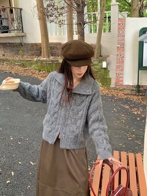 韓国スタイルラペルツイストダブルジッパー厚手のセーターカーディガン女性のための 2025 新しいスタンドカラー暖かいセータージャケットトップ|undefined