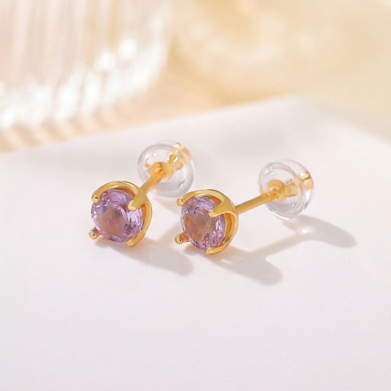 Bông tai bạc S925 mạ vàng đính đá tím và đá vàng cắt giác, kiểu dáng đơn giản cá tính — Vàng pha lê