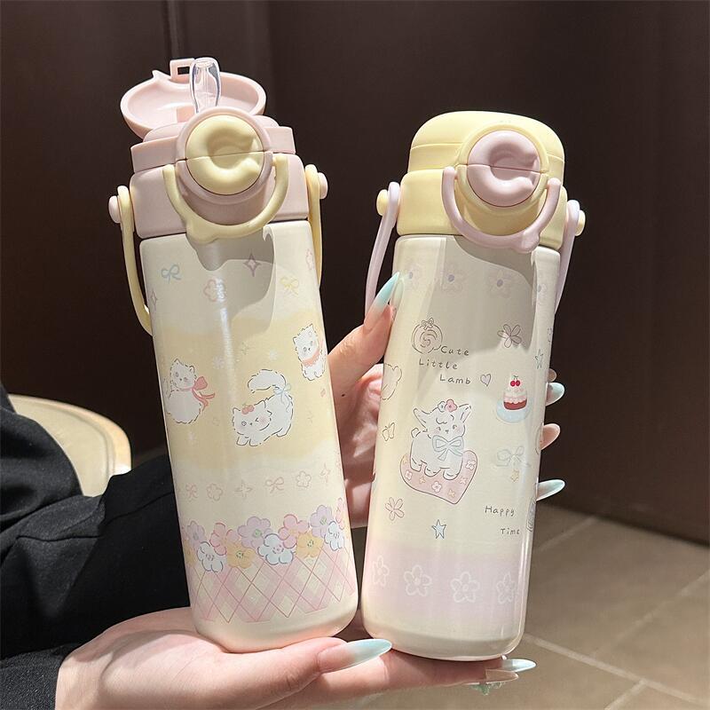 粉色少女心保温杯女生高颜值吸管杯316不锈钢学生上学直饮水杯子