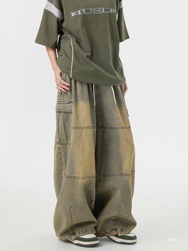 Retro Yellow Clay Wide-Leg Jeans for Men and Women, American Street Style Oversize Loose Fit with Multiple Pockets, Workwear Casual Pants