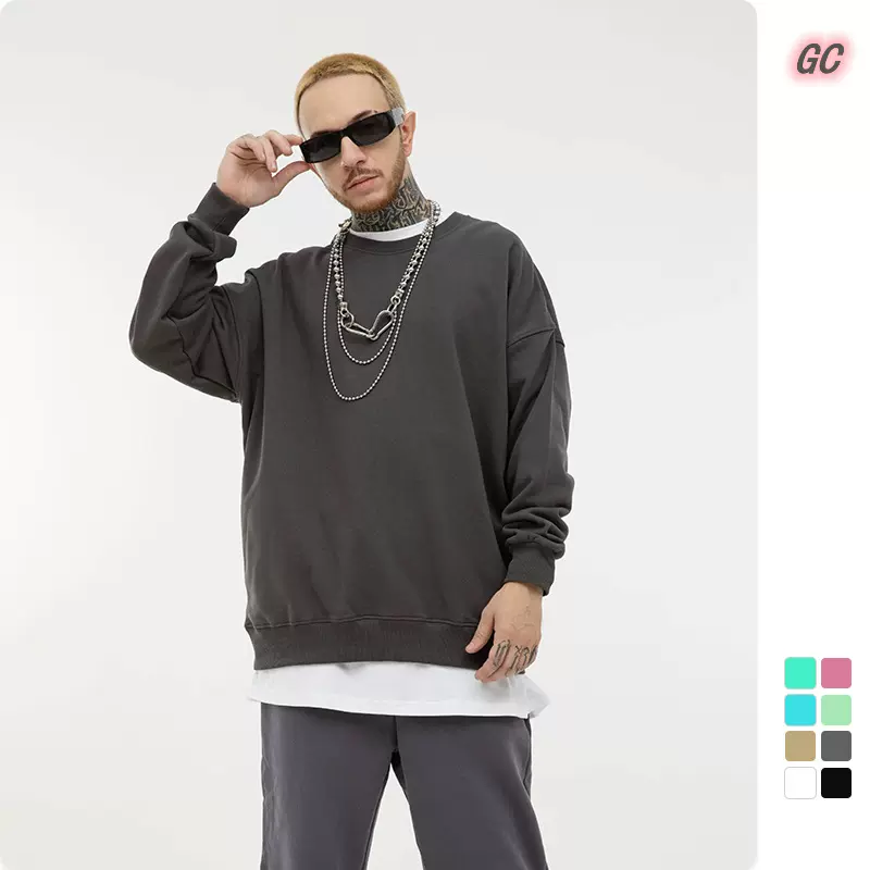 秋季新款男装套头情侣卫衣 宽松大毛圈棉质纯色长袖男士圆领卫衣