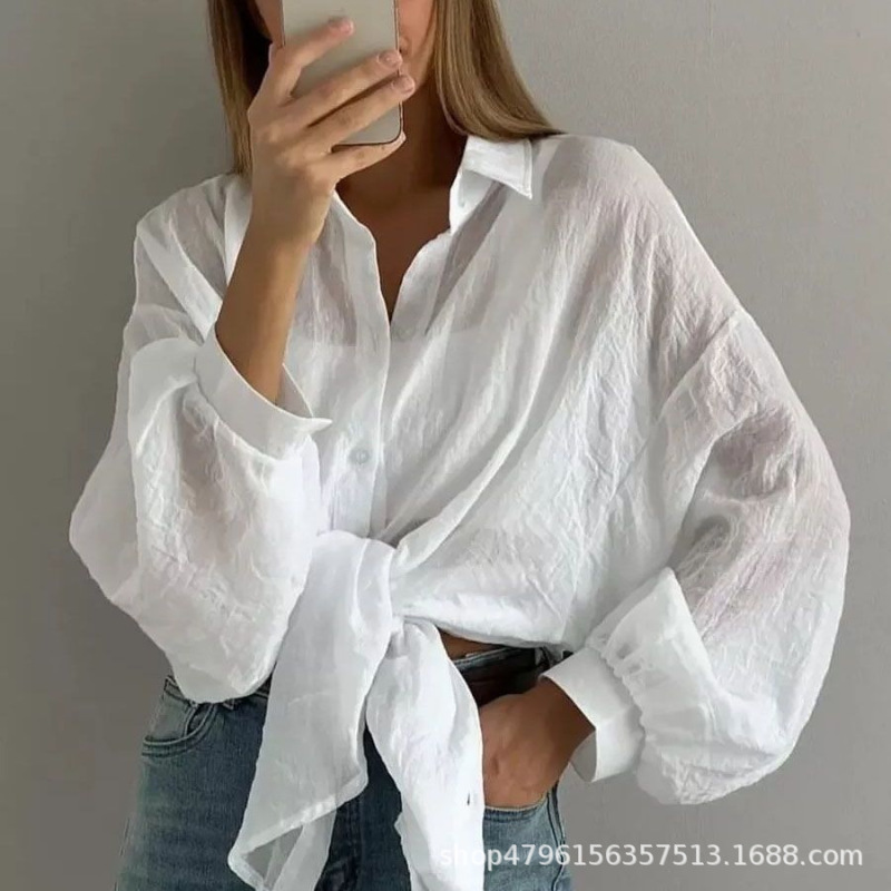 European and American style women's 2026 spring/summer sheer polo collar cardigan shirt, loose and comfortable casual top