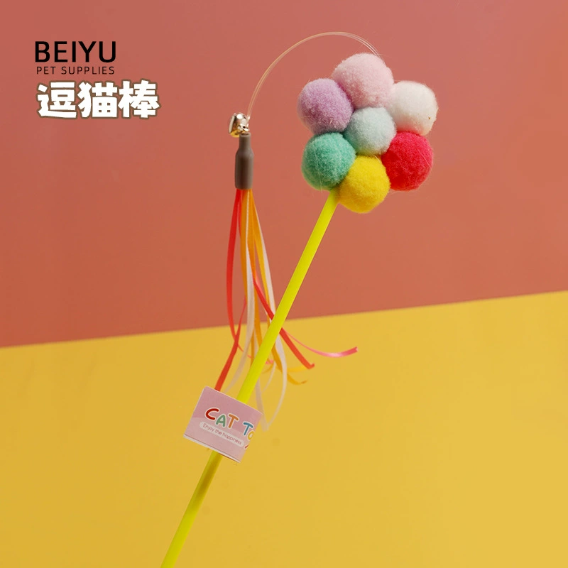 Сказочная забавная игрушка-Палочка для кошек, устойчивая к укусам, красочный шар, колокольчик с маленьким цветком, кисточкой, длинное удилище, самоходные забавные принадлежности для кошек