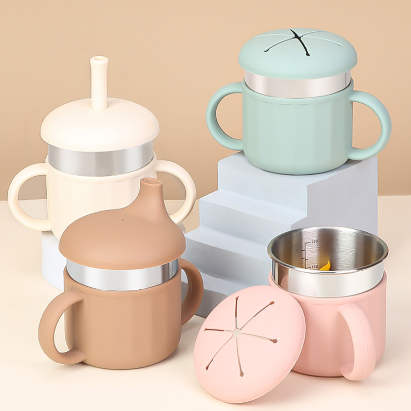 Snackbecher aus Silikon mit Griff und doppelten Ohröffnungen für Babys und Kleinkinder, hochwertige, kreative Lerntasse mit Strohhalm zum direkten Trinken_voghion.com
