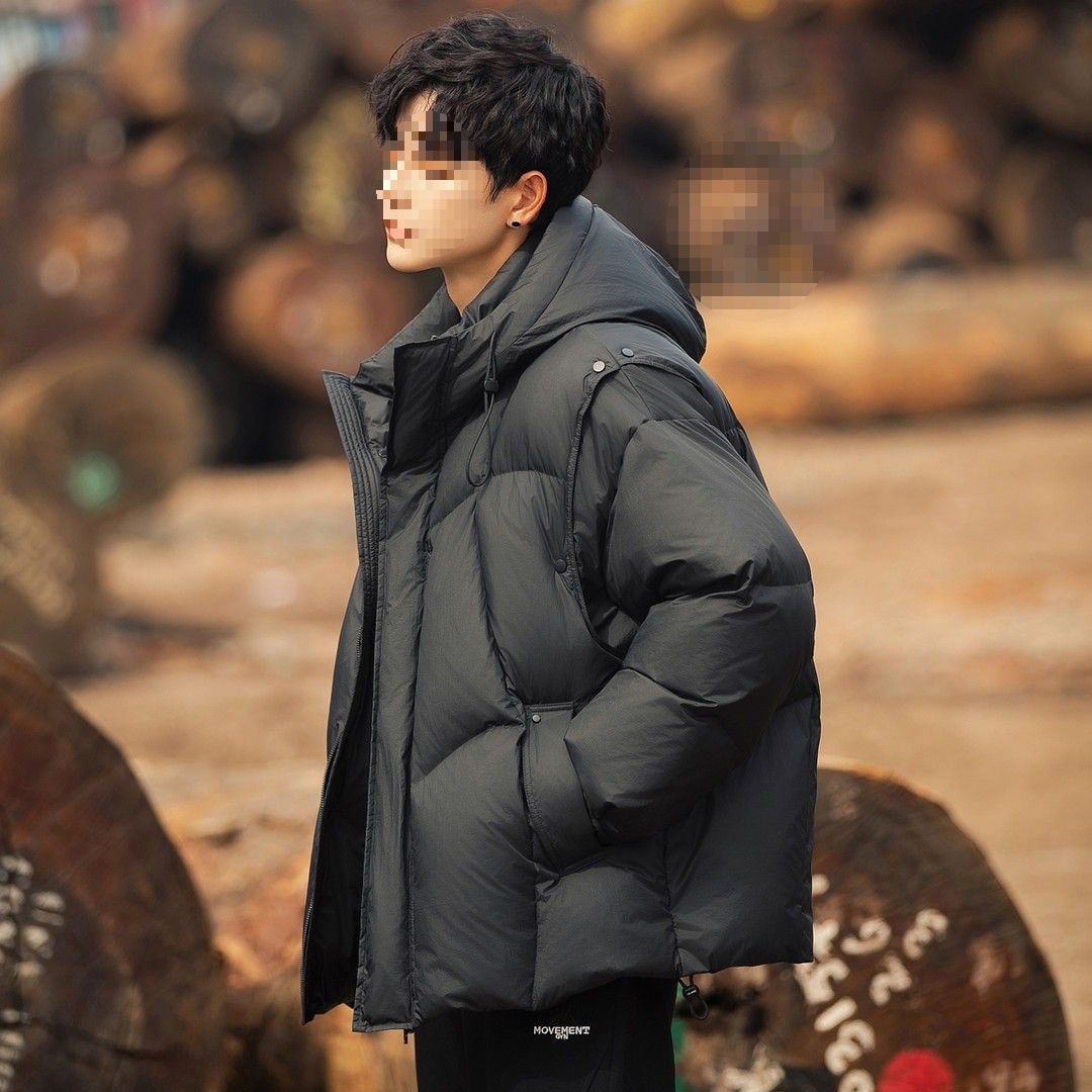 男士加厚2025冬季新款面包高级短款连帽羽绒服保暖外套白鸭绒