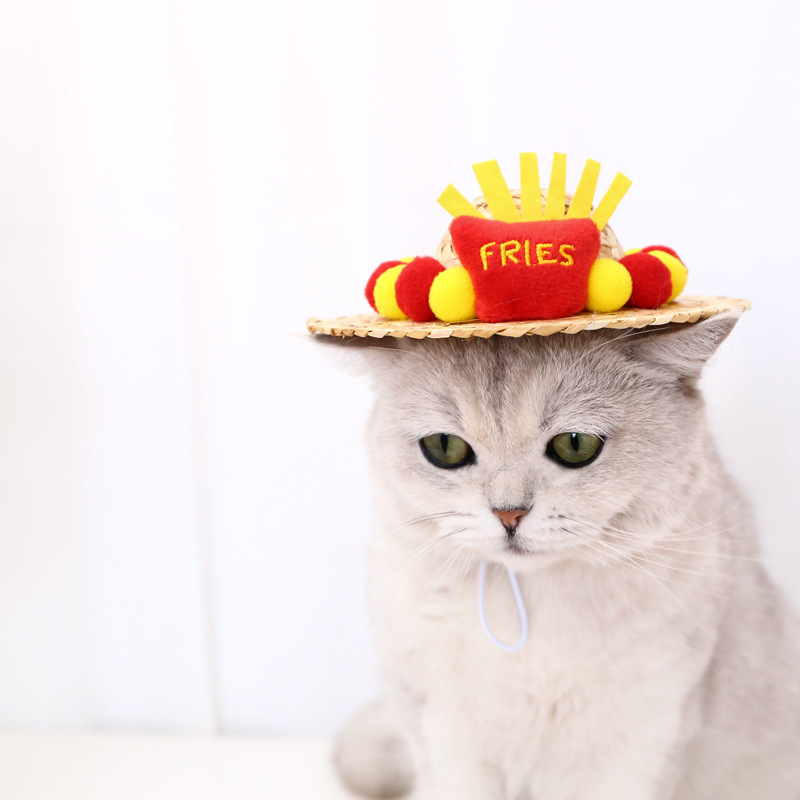 Mascota tejida de dibujos animados lindo papas fritas ajustable gato perro sombrero de paja sombrero de sol de verano divertido sombrero de carta de comercio exterior
