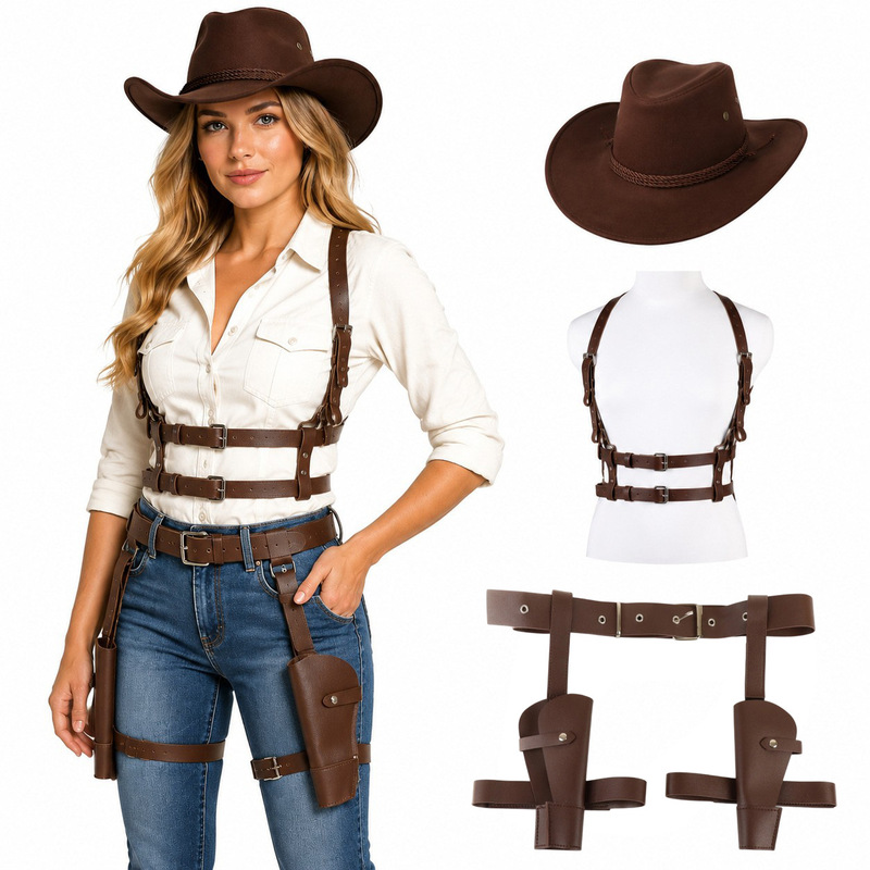 Hot-Selling Western Cowboy Hat for Women, Personalized Belt with Rivets, Punk Retro Strap, Tomb Raider Gun Holster