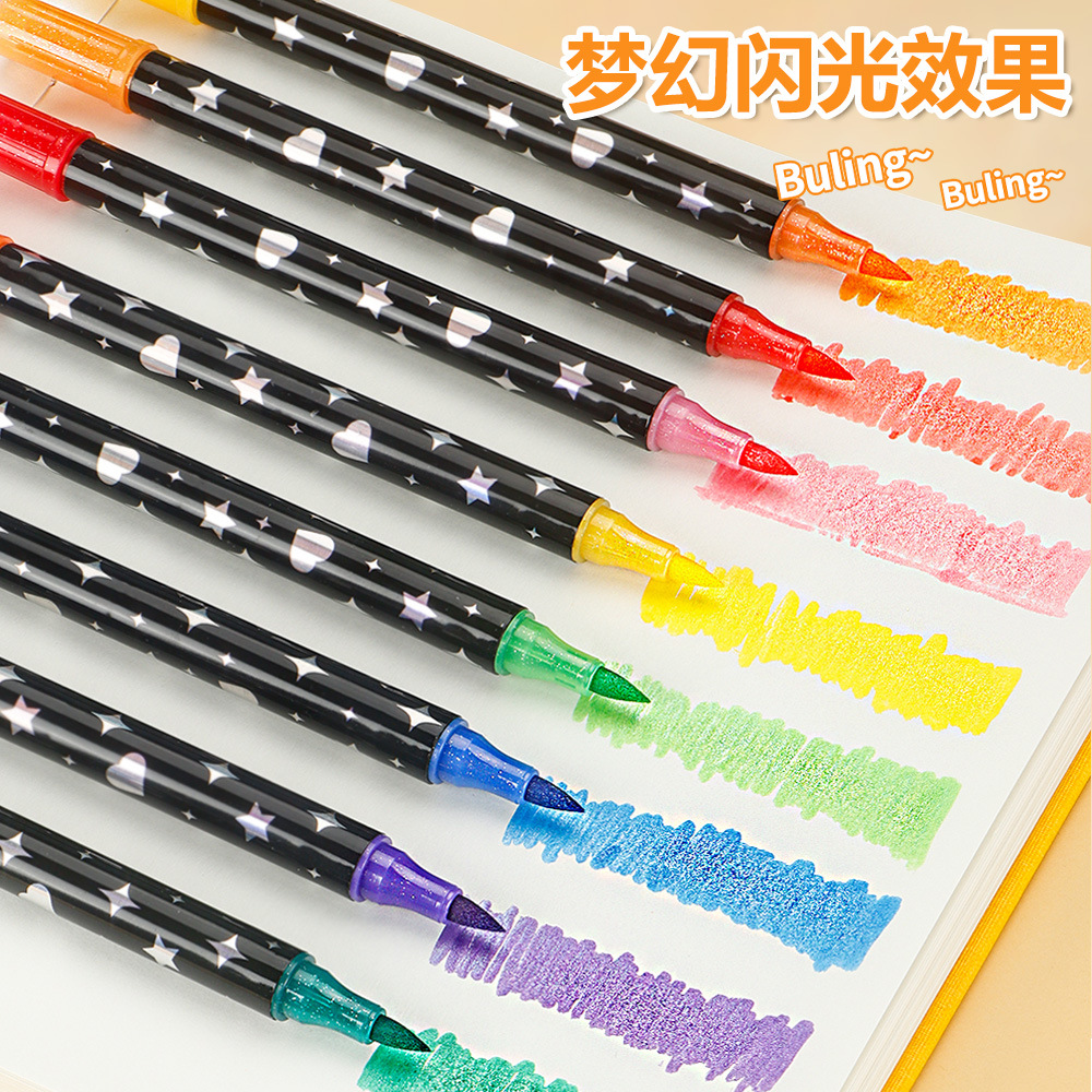 Marcador flash de dos colores de dos cabezas de venta caliente de Temu, bolígrafo flash de pintura de cabeza suave de bricolaje, bolígrafo de marcado clave para estudiantes