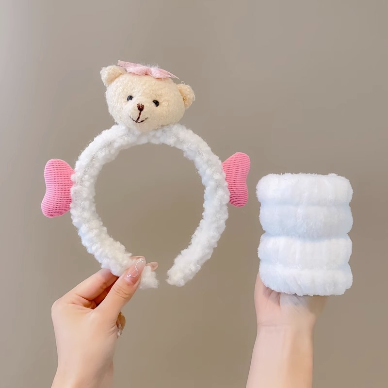 Lindo Rosa lavado de cara banda de pelo de las mujeres a prueba de humedad banda de muñeca banda de pelo absorbente de tres piezas conjunto máscara facial diadema especial