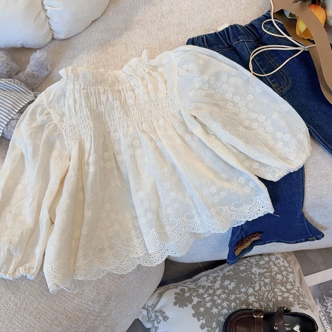 Estrella DE LOS NIÑOS ronda camisa de las niñas otoño nuevo estilo occidental estilo coreano suelta camisa bordada de manga larga de encaje superior