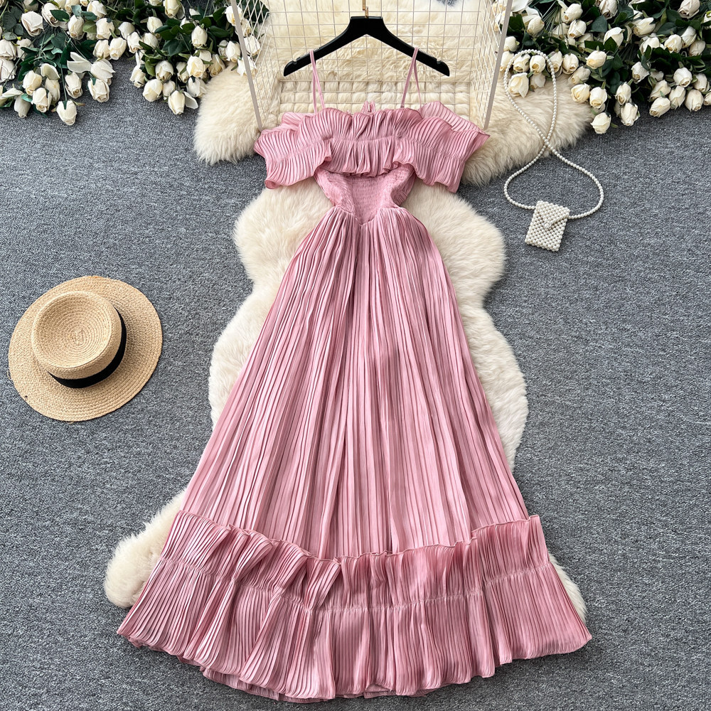 French Style Off-Shoulder Spaghetti Strap Dress Korean Waist Cinching Summer Elegant Long Dress for Vacation_ecoleips.com