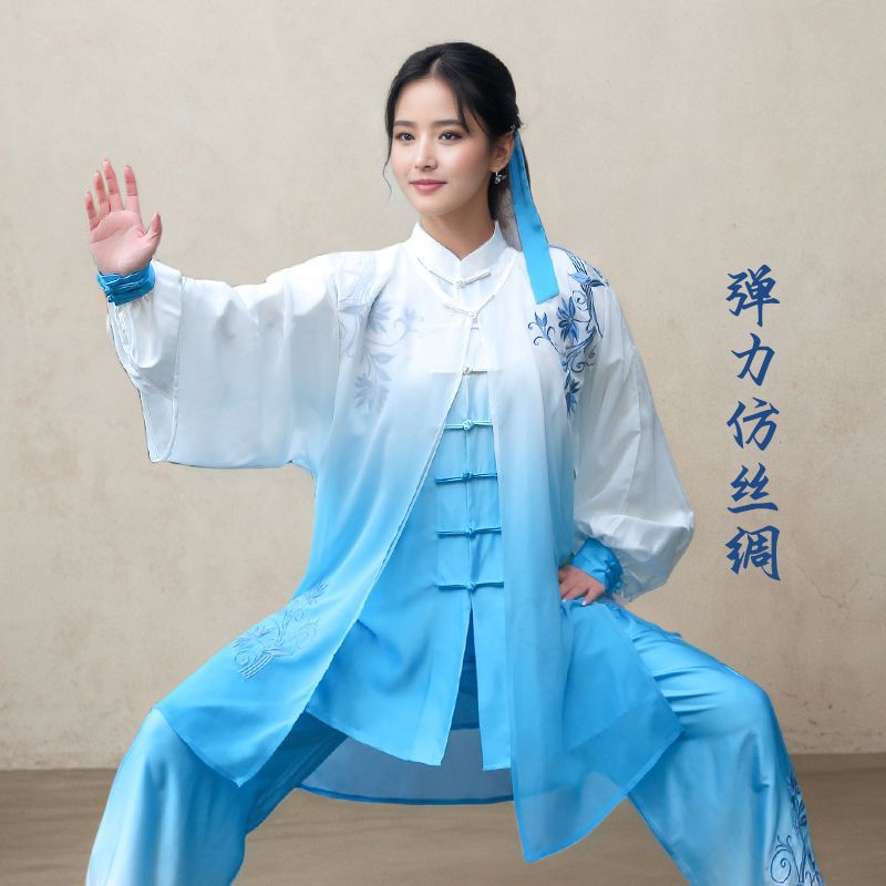 龙凤青花渐变色太极服女中风武术服男太极拳表演比赛服披纱厂批发