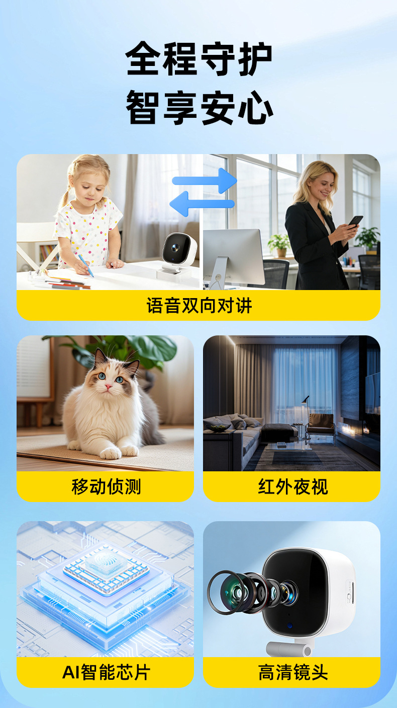 智能摄像头小巧远程家用监控红外夜视双向对讲跨境高清WiFi摄像机