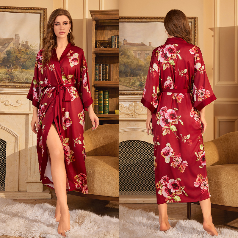Yaoting 2024 nuevo pijamas camisón para las mujeres primavera y verano Xiaowei Dan satén rojo de lujo con cordones mañana bata de baño WP2669
