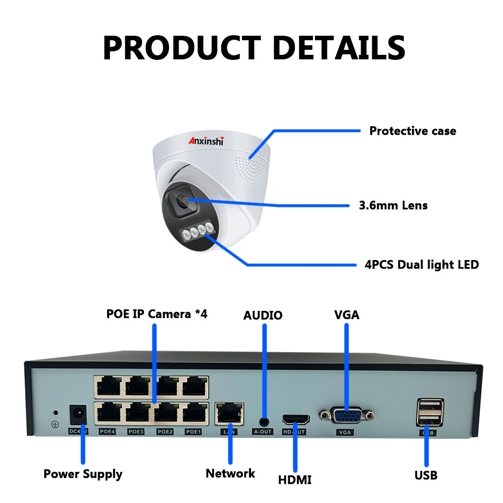 8CH Kamera Kiti Su Geçirmez Tam Renkli Ip Cctv POE Kamera APP Üzerinden Uzaktan İzleme ve Oynatma