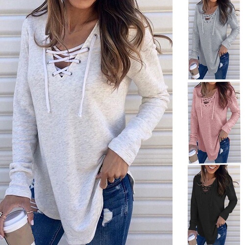 Autumn/Winter Western Pure Color V-Neck Strap Loose T-Shirt Fashion