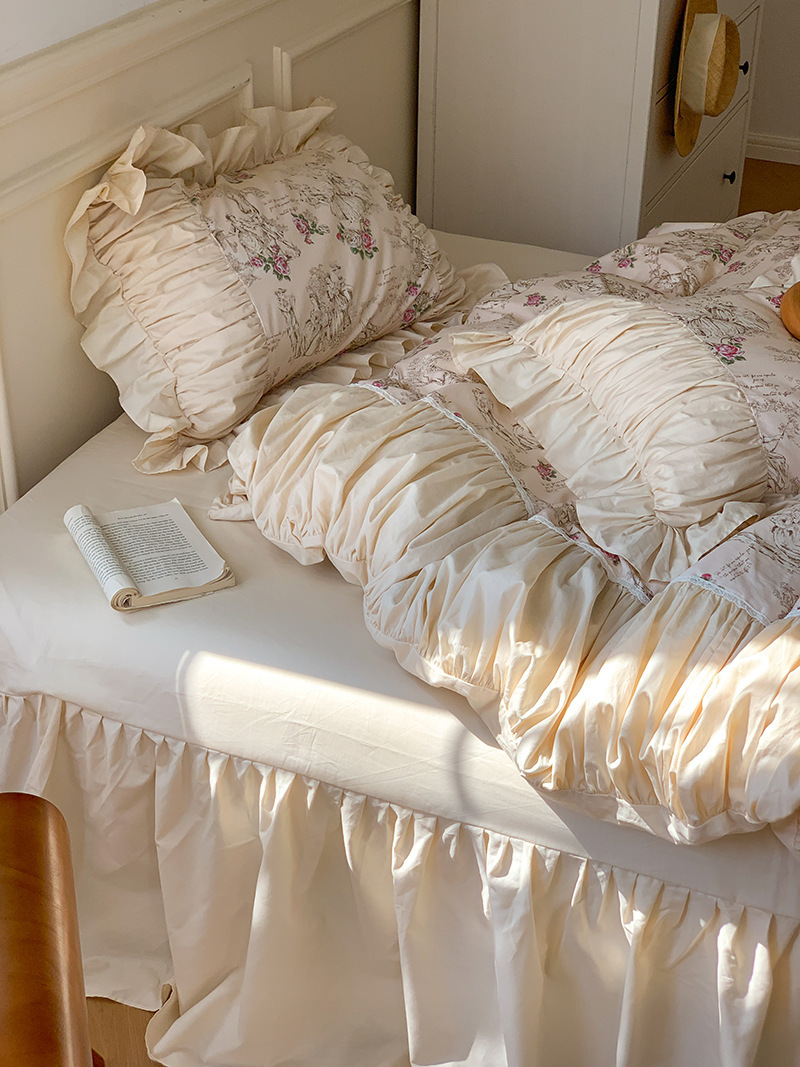 Nordisch-französisches Vintage-Boho-Retro-Prinzessinnen-Bettwäscheset mit Spitze und Rüschen, vierteilig, bestehend aus Rock, Bettlaken und Bettbezug, aus reiner Baumwolle._voghion.com